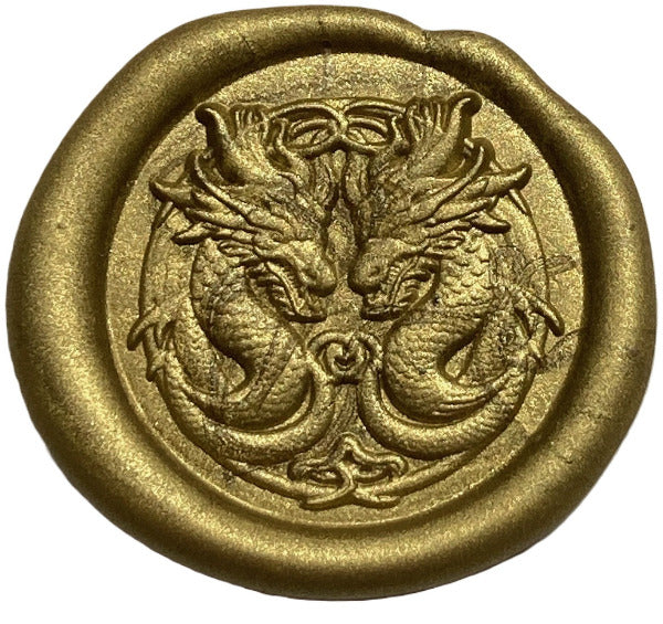 3D Twin Dragons wax seal sample, gold wax