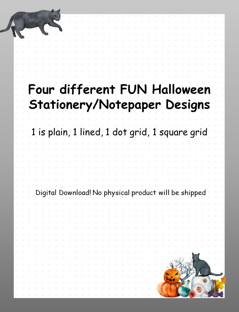 Fun Halloween Notepaper Stationery pack, 4 unique designs (Digital Download)