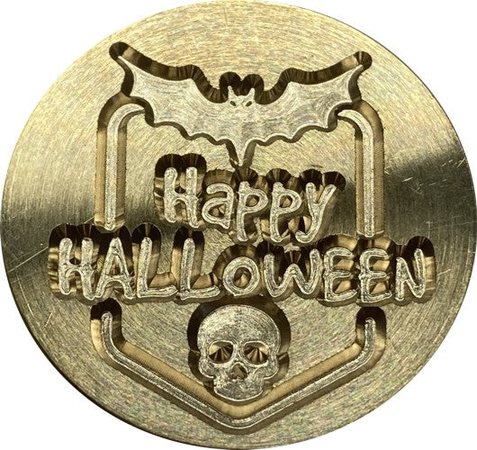 Happy Halloween 'Badge' with Bat and Skull - Wax Seal Stamp Head, 1" diameter