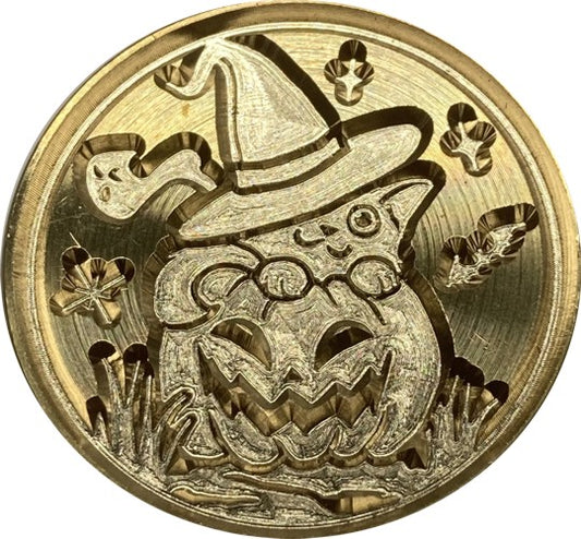 Cat in Witch's Hat Peeking out of Pumpkin - Wax Seal Stamp Head, 1" diameter