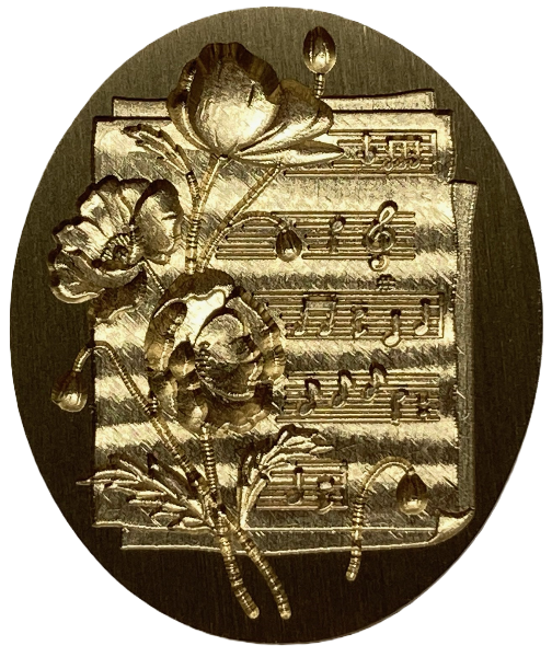 3D Flowers superimposed on top of Sheet Music - wax seal stamp