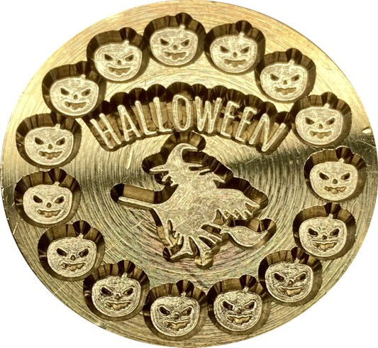 Halloween Text above Witch flying on Broom, surrounded by Pumpkins - Wax Seal Stamp Head, 1" diameter