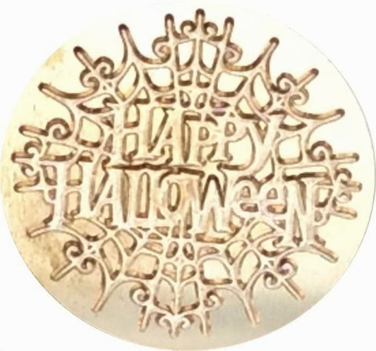 Happy Halloween Superimposed on Elegant Spider Web - 1.2" diameter Wax Seal Stamp Head