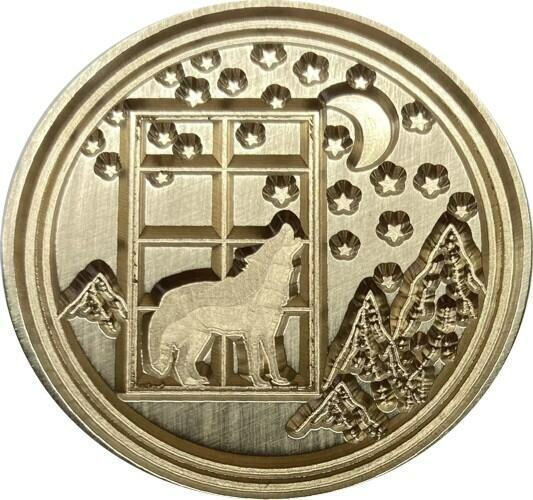 Dog / Wolf in Window, with Mountains, howling at Moon & Stars - Wax Seal Stamp Head