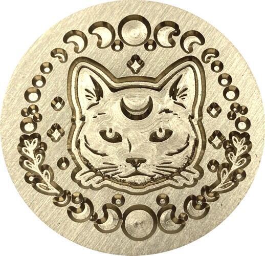 Mystical Cat surrounded by Moon Phases and Stars - 1.2" diameter Wax Seal Stamp Head