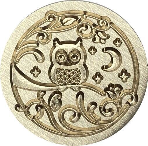 Cute Owl, Crescent Moon & Star, surrounded by Swirls 1" dia. Wax Seal Stamp head