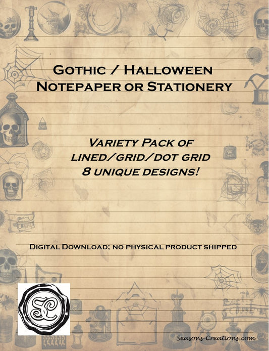 Gothic / Halloween Notepaper Stationery pack, 8 unique designs (Digital Download)