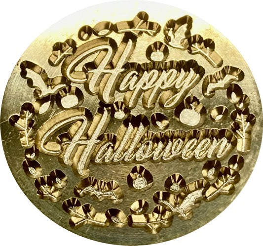 Happy Halloween (script, surrounded by Bats, Leaves & Branches) Wax Seal Stamp Head, 1" diameter