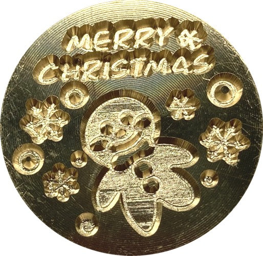 (3/4") Gingerbread Man with Merry Christmas above, Snowflakes & Ornaments Below - Wax Seal Stamp head