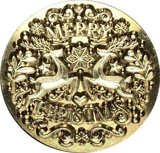 Merry Christmas with 2 Reindeer, Mistletoe, Stars - 1" dia. Wax Seal Stamp head