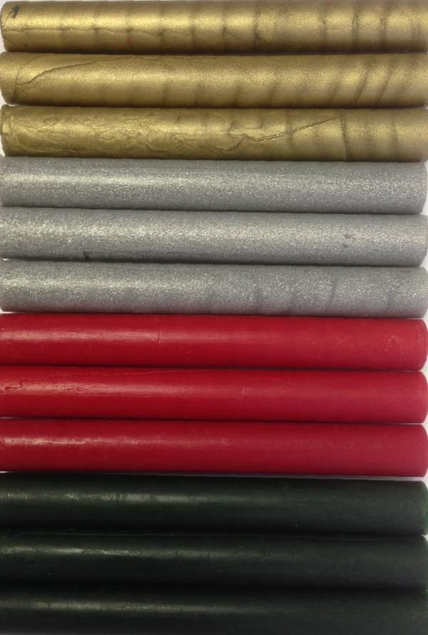 Gold, Silver, Red, Green Assortment Glue Gun Sealing Wax, 3 Sticks each color