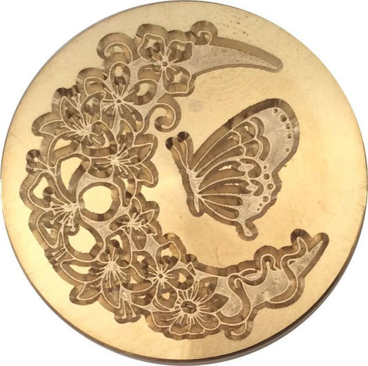Butterfly inside Flowery Crescent Moon Wax Seal Stamp Head, 1.2" diameter