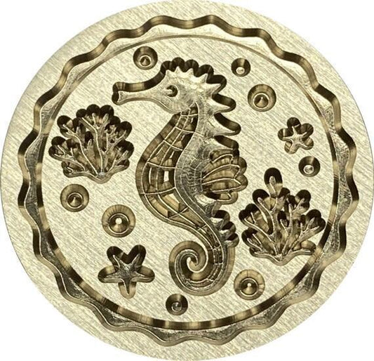 Seahorse Swimming with Starfish & Coral, Inside Wavy Border - Wax Seal Stamp head